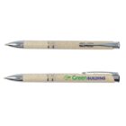Two beige pens with silver accents, one showing Green Building logo in green and blue.