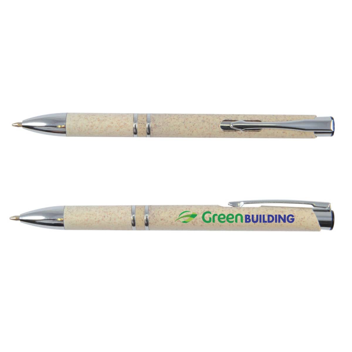 Two beige pens with silver accents, one showing Green Building logo in green and blue.
