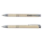 Two beige ballpoint pens with silver accents and clips, positioned parallel to each other on a white background.