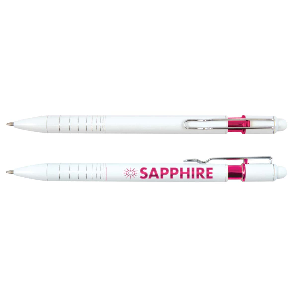 Two white pens with red accents, one labeled Sapphire, shown from side and top views.