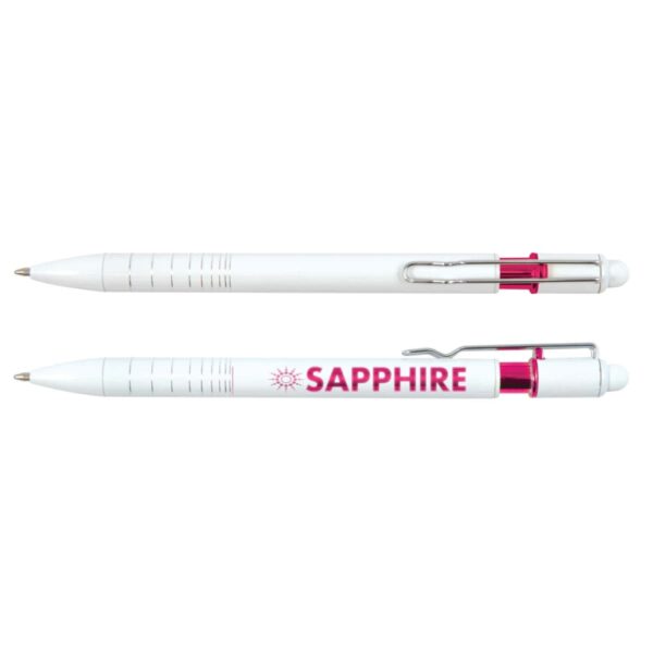 Two white ballpoint pens with pink accents. One pen has SAPPHIRE written in pink on its side.