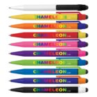 Nine colorful pens lined up, each displaying the word CHAMELEON in rainbow letters on the barrel.