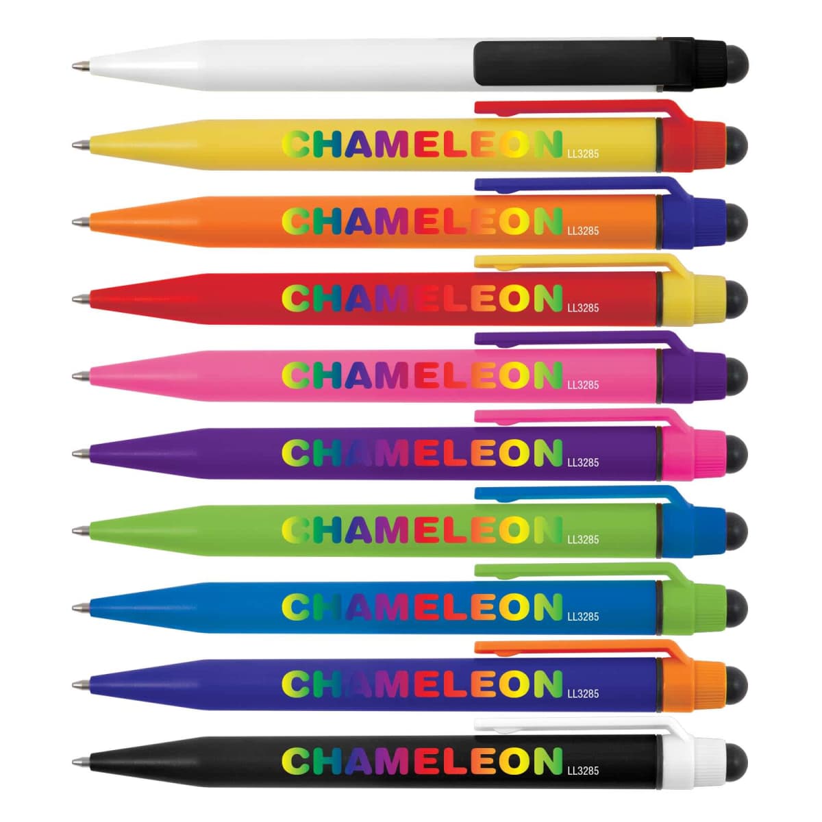 Nine colorful pens lined up, each displaying the word CHAMELEON in rainbow letters on the barrel.