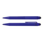 Two blue pens, one with a clip, both with retractable tips and black stylus ends, side by side on a white background.