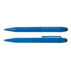 Two blue ballpoint pens with stylus tips, shown vertically and horizontally on a white background.