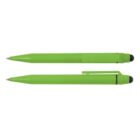 Two green retractable pens with black tips, one with a clip, lying parallel on a white background.