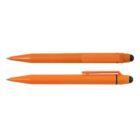Two orange ballpoint pens with black clickers, shown side by side, one with the clip visible.