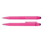 Two pink pens with black tips and clips, shown from the side and top views.