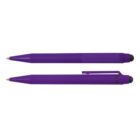 Two purple ballpoint pens with clips, shown from the side and bottom views.