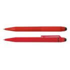 Two red pens with a clip and stylus tip, shown in both side and top views.