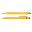 Two yellow retractable ballpoint pens with black tips, shown from side and top views, featuring pocket clips.