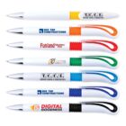 Seven colorful pens with various branded logos and designs on a white background.