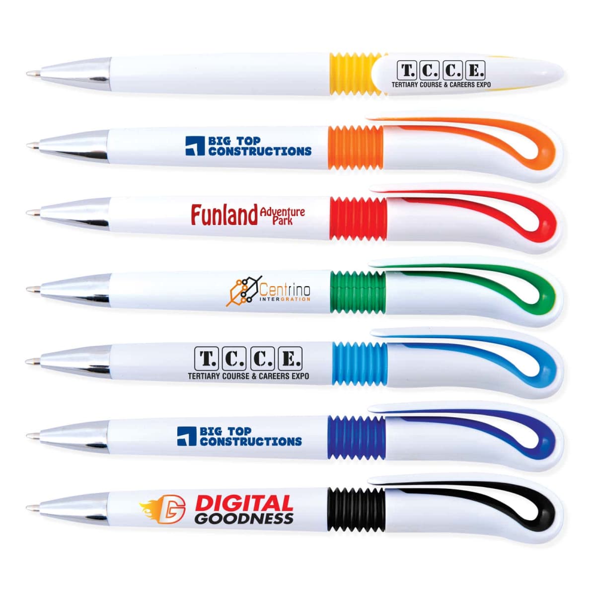 Seven colorful pens with various branded logos and designs on a white background.