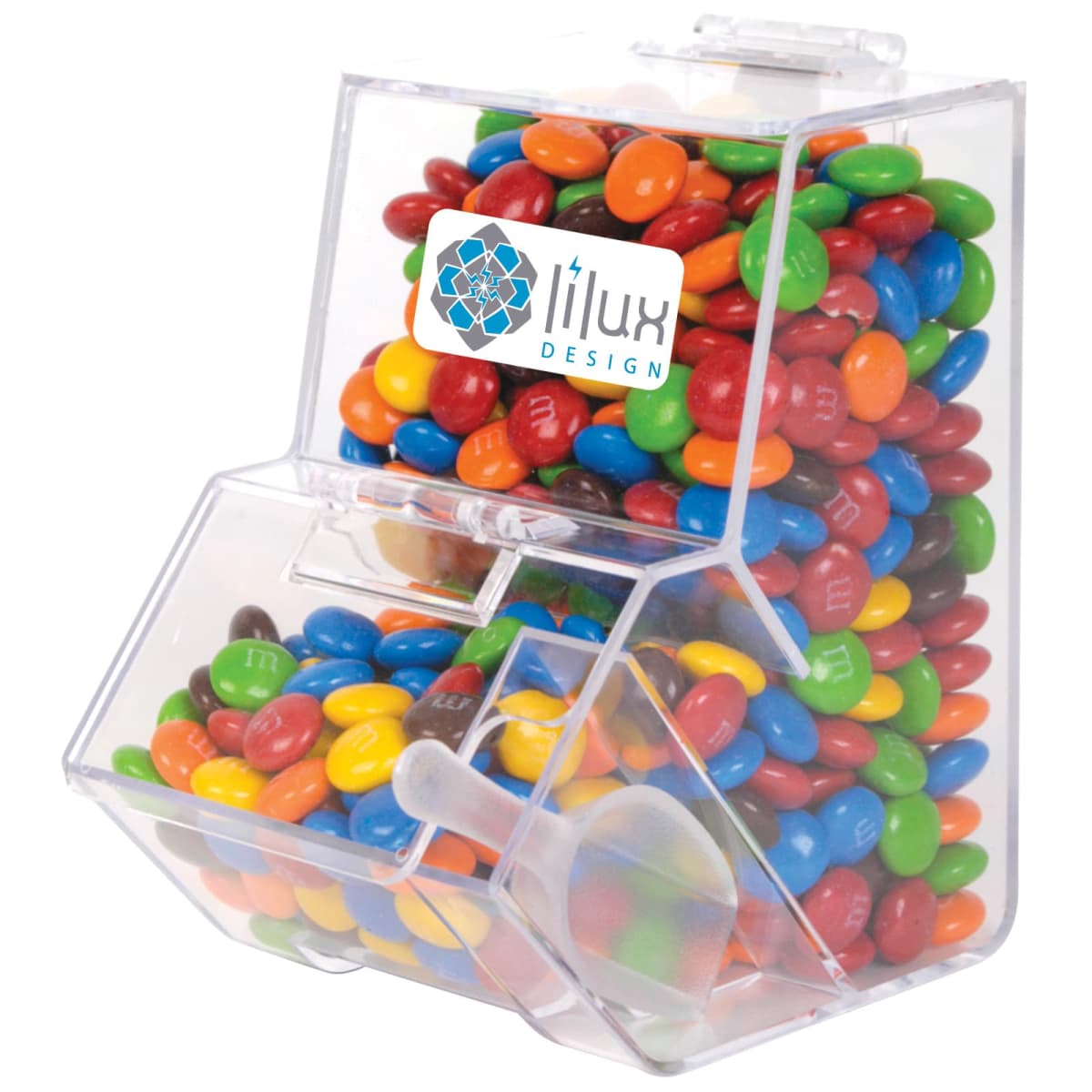 Clear container filled with colorful candy-coated chocolates, featuring a Lilux Design label.