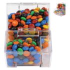Clear container filled with colorful candy-coated chocolates.