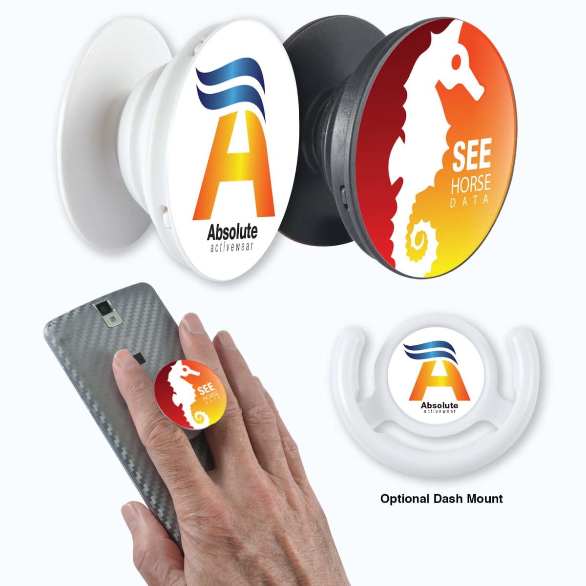 Hand holding a phone with a pop socket, featuring a seahorse. Two close-up images show different pop socket designs.