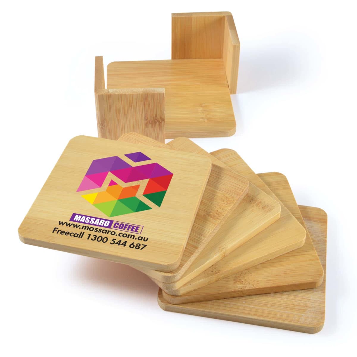 Set of six bamboo coasters with colorful logo and holder, featuring contact info and website details.