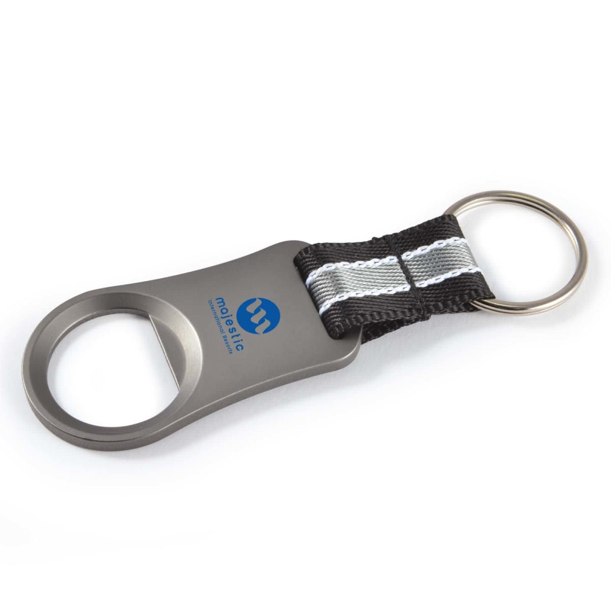 Keychain bottle opener with a black strap, silver accent, and two key rings. Logo printed on the opener.