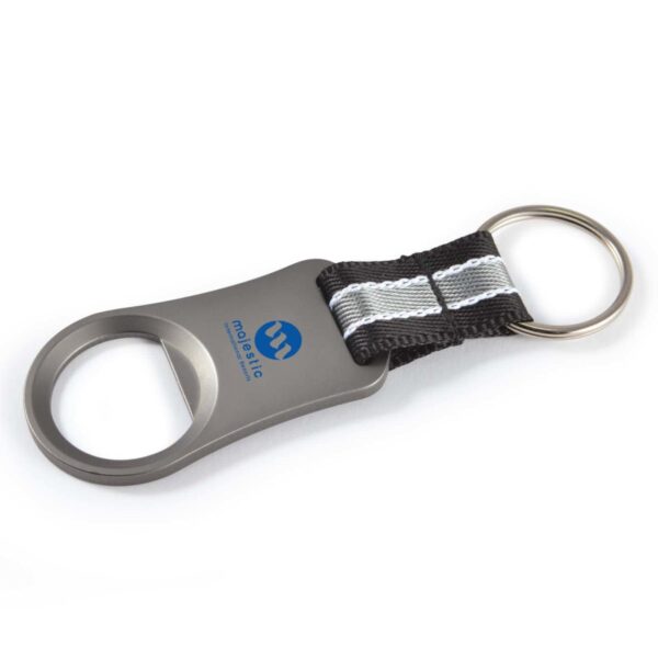 Silver bottle opener keychain with a black and silver strap, featuring a blue logo.