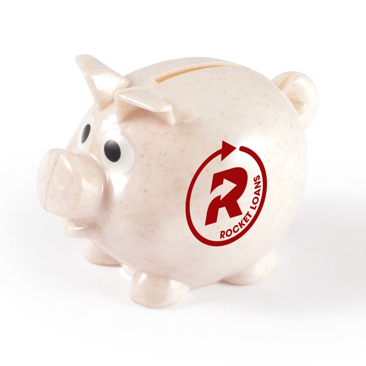 White piggy bank with Rocket Loans logo on its side.