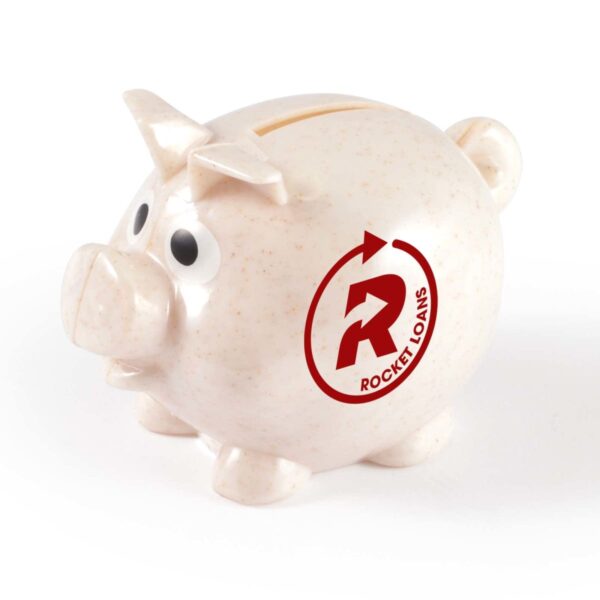 Cream-colored piggy bank with Rocket Loans logo on the side.