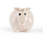 Cute, round pig-shaped toy with big eyes and a smiling face, made from a light speckled material.