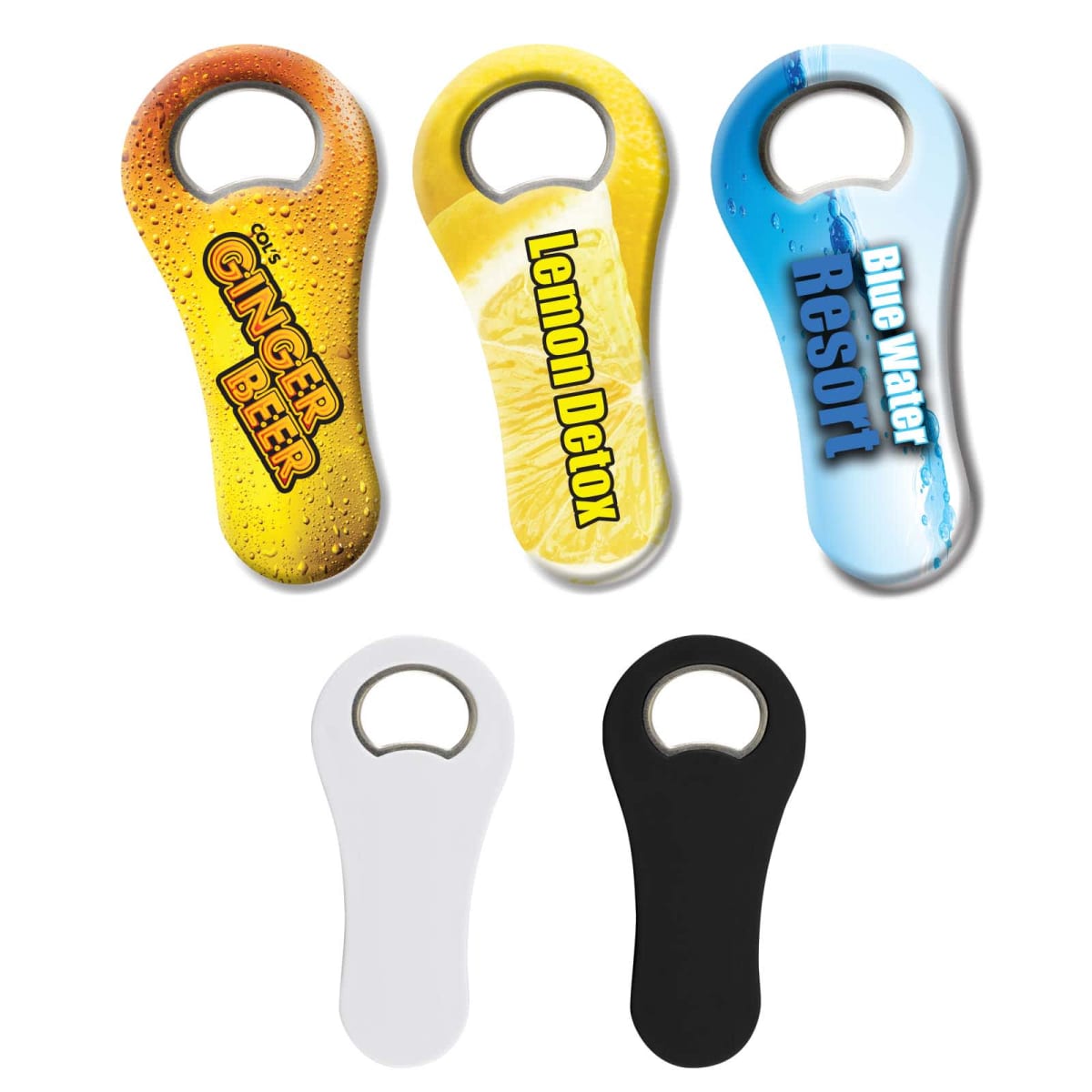 Colorful bottle openers with text: Ginger Beer, Lemon Detox, Blue Water Resort, and plain black and white ones.