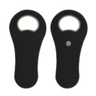 Two black wall-mounted bottle openers, each with a silver metal opener at the top.