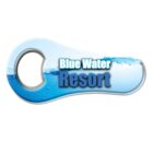 Stylized bottle opener with a water design and Blue Water Resort text.