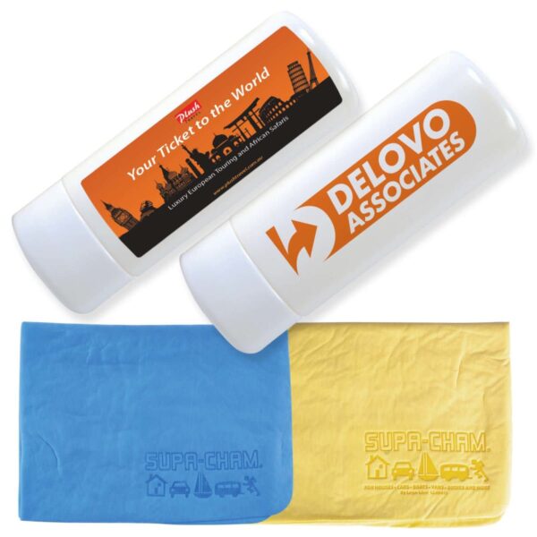 Two Supa-Cham cloths in blue and yellow, with two branded containers for Plush and Delovo Associates.
