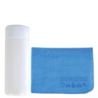 A blue cleaning cloth labeled SUPA-CHAM next to a white cylindrical container.
