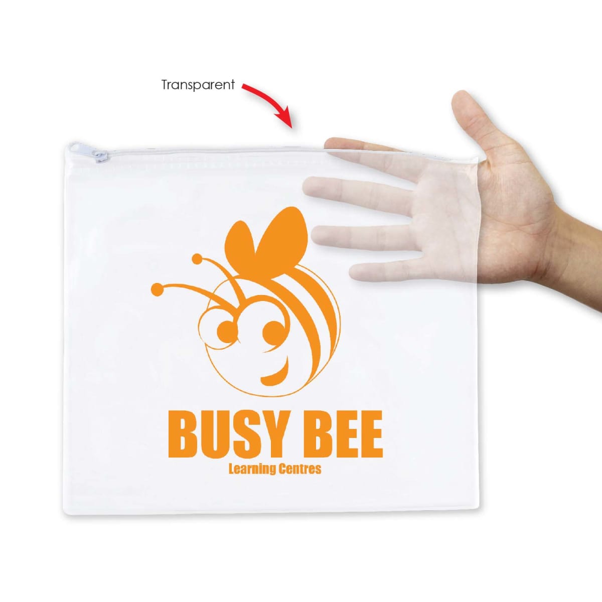 A hand holds a transparent pouch with an orange Busy Bee Learning Centres logo.