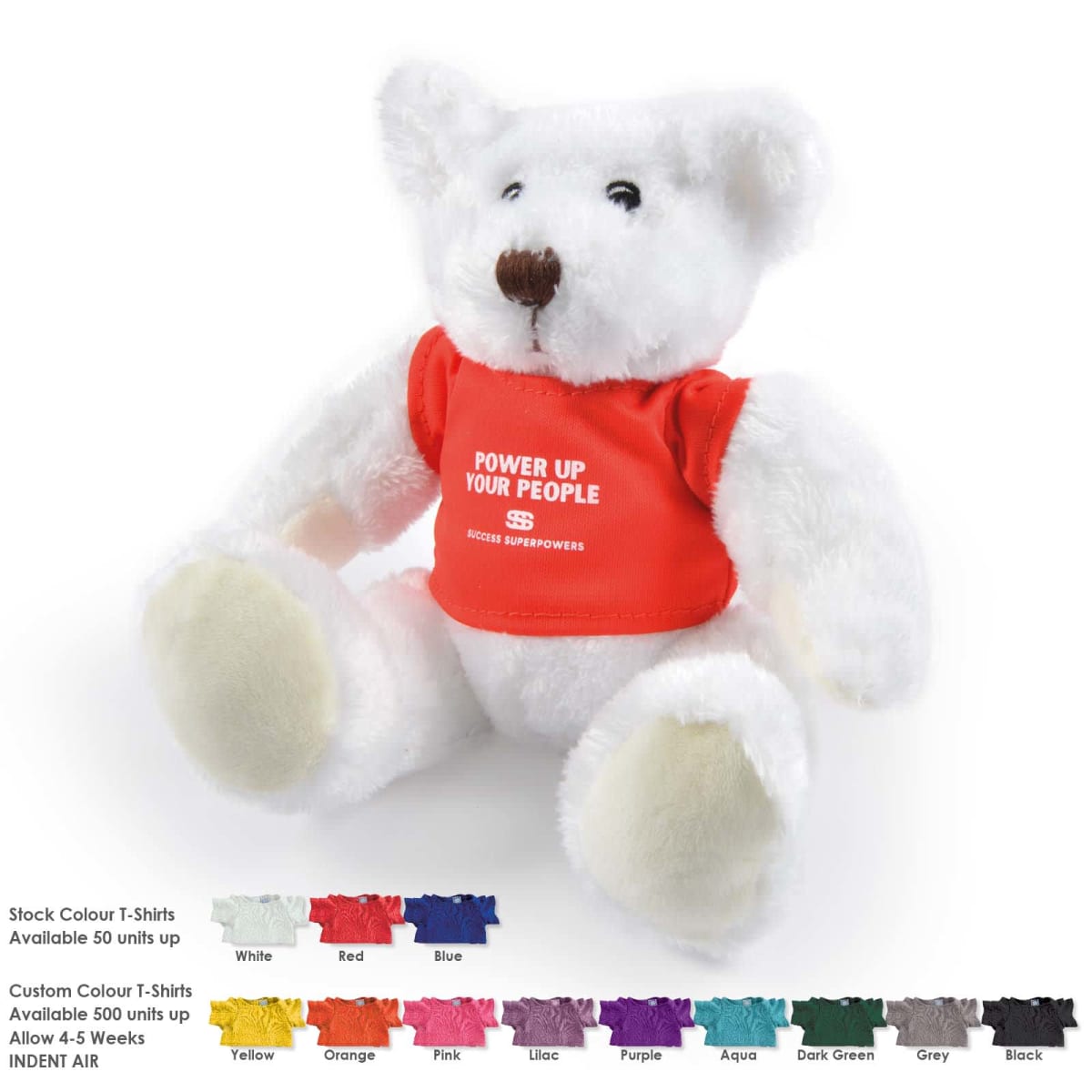 White teddy bear with a red shirt, surrounded by swatches of various colored shirts and available customizations.