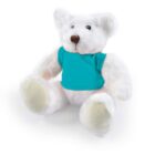 White teddy bear wearing a turquoise shirt, sitting against a white background.