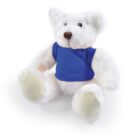 White teddy bear wearing a blue shirt, sitting against a plain background.