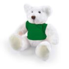 White teddy bear wearing a green shirt, sitting against a plain background.