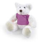 White teddy bear wearing a purple shirt, sitting upright on a plain white background.