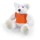 White teddy bear wearing an orange shirt, sitting against a white background.
