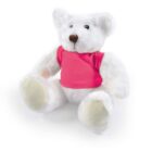 A white teddy bear wearing a pink shirt sits against a plain white background.