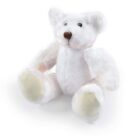 Plush white teddy bear with a small brown nose, sitting upright on a white background.