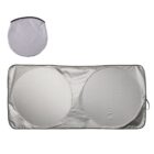 Foldable silver car sunshade with two circular panels, shown unfolded and folded.