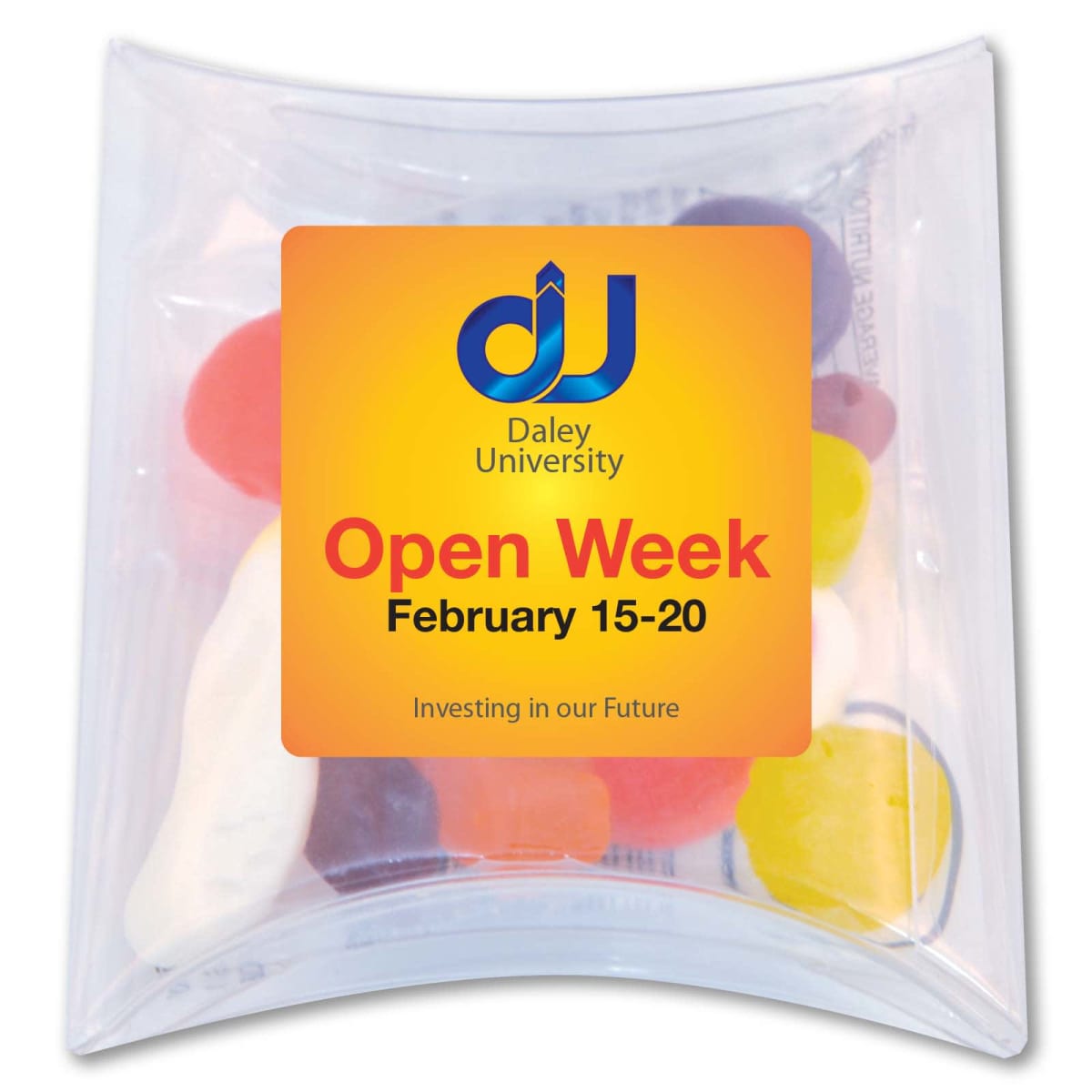 Clear box with Daley University Open Week label, featuring colorful candies inside.