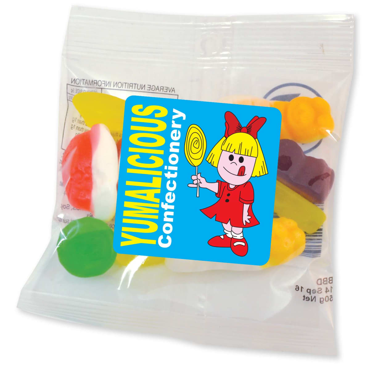 Bag of assorted colored candies with a blue label showing a cartoon girl holding a lollipop.