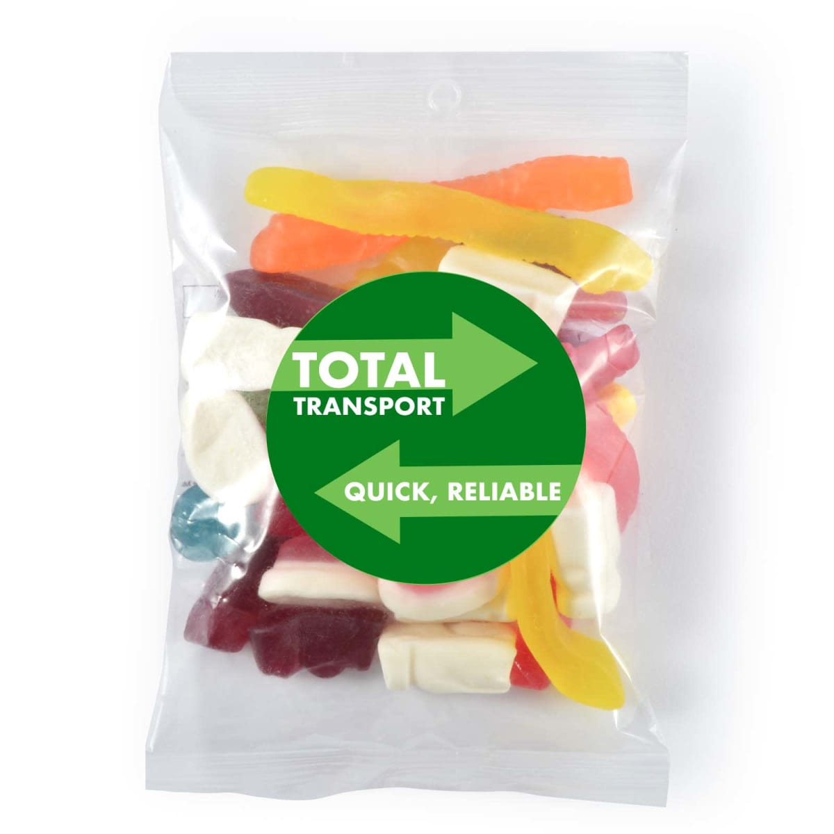 Clear bag of colorful gummy candies with a green circle labeled Total Transport: Quick, Reliable.