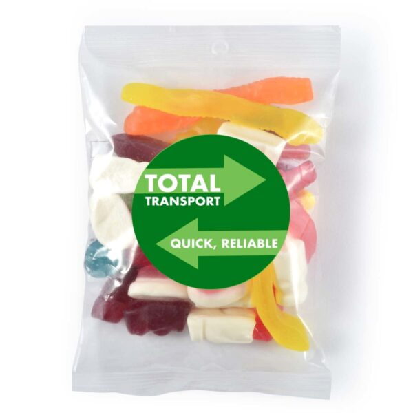 Sealed bag of assorted colorful gummy candies with a green logo reading Total Transport - Quick, Reliable.