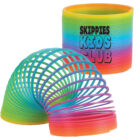 Colorful rainbow Slinky toy with Skippies Kids Club text.