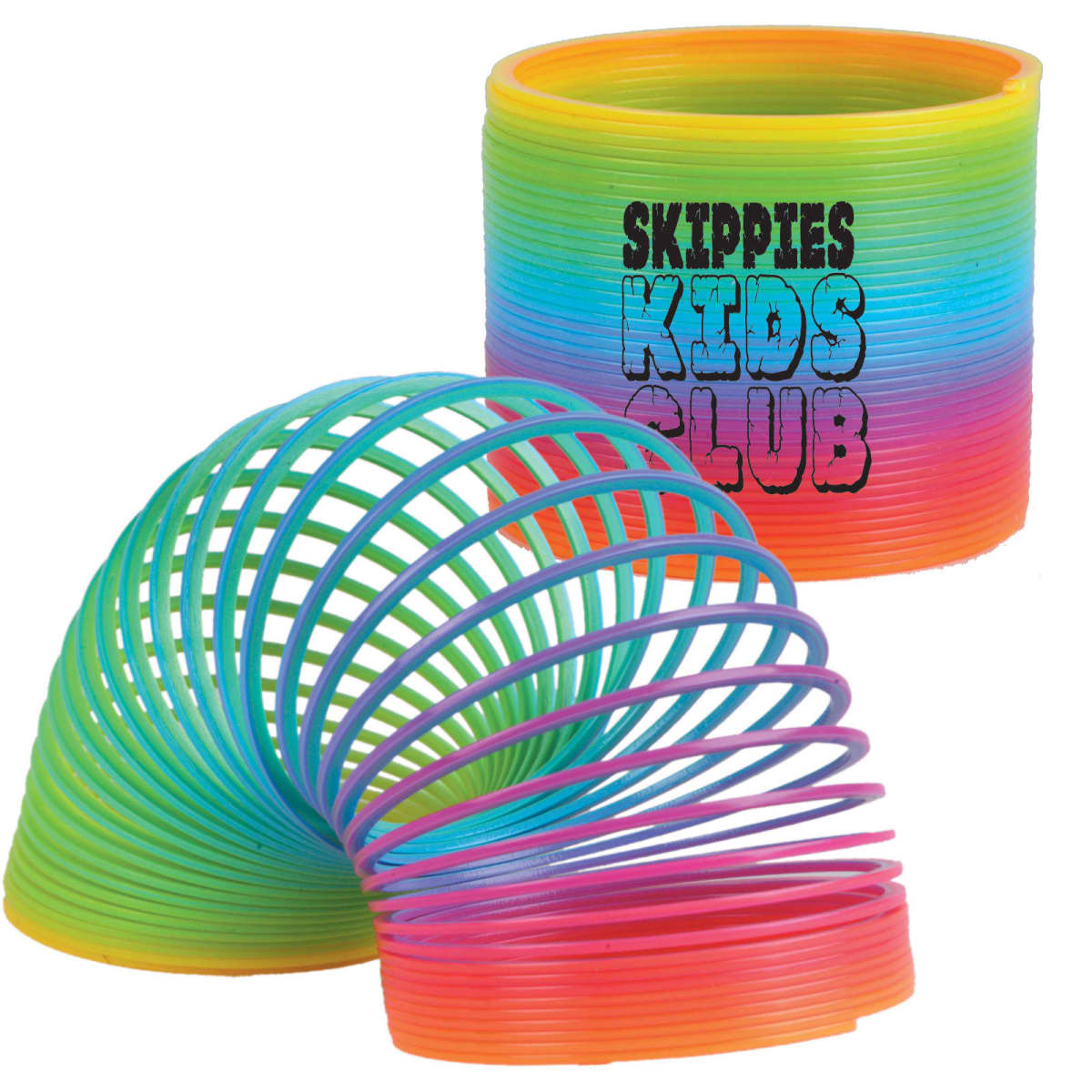 Colorful rainbow Slinky toy with Skippies Kids Club text.