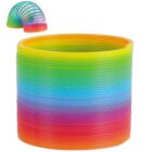 Colorful rainbow slinky toy coiled in a stack with an image of it extended at the top left corner.
