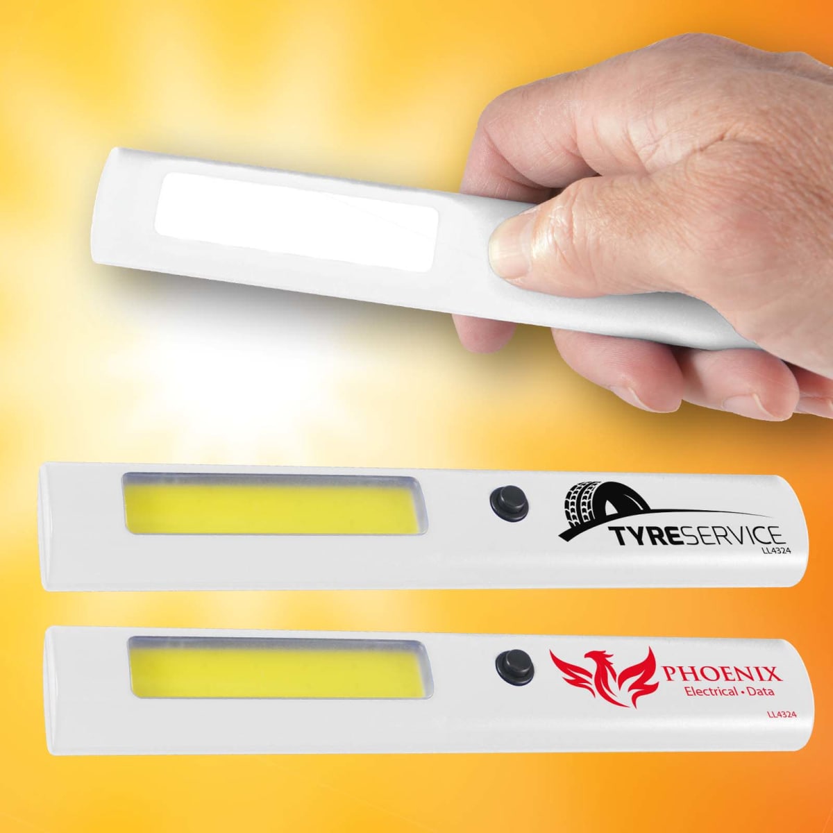 A hand holding a white LED work light; two additional lights below with Tyre Service and Phoenix Electrical Data logos.