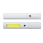 Two white cylindrical LED lights, one with a button and one with a transparent strip revealing yellow light.